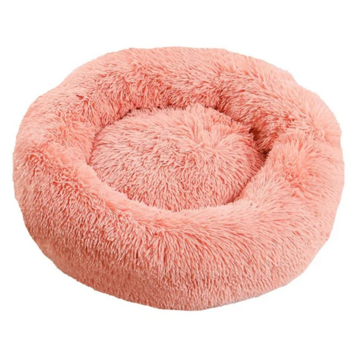 Cama redonda com pêlo Relax de 50 cm na cor rosa, ideal para proporcionar conforto e aconchego a cães e gatos. Design macio e acolhedor, perfeito para momentos de descanso e relaxamento.