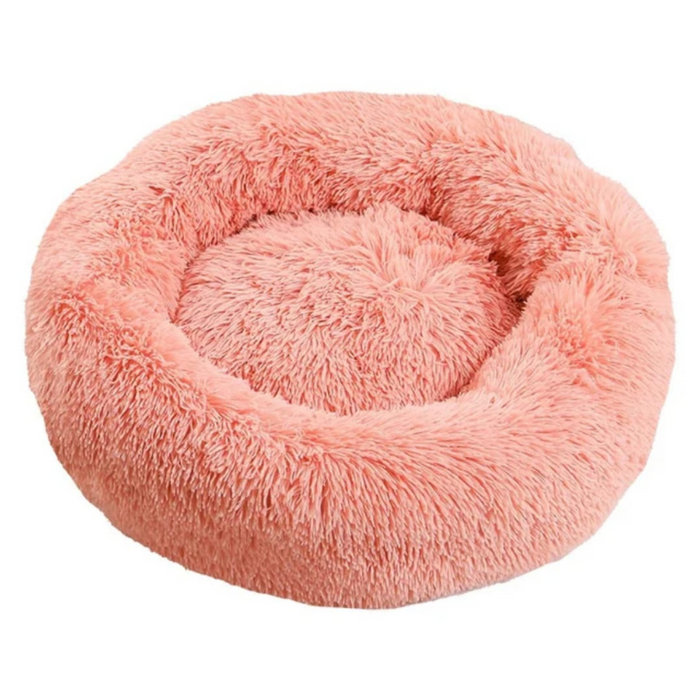 Cama redonda com pêlo Relax de 50 cm na cor rosa, ideal para proporcionar conforto e aconchego a cães e gatos. Design macio e acolhedor, perfeito para momentos de descanso e relaxamento.