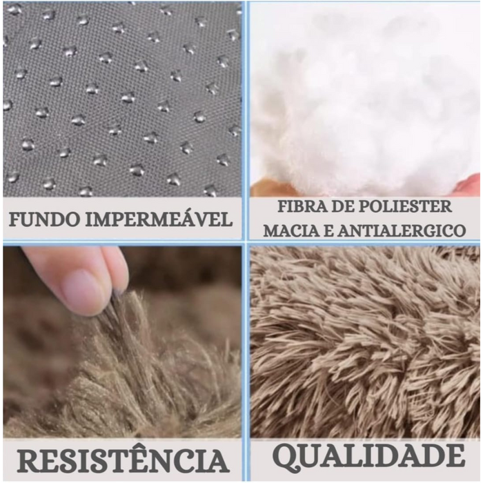 Cama redonda com pêlo Relax, com fundo impermeável e enchimento em fibra de poliéster macia e antialérgica. Design resistente e de alta qualidade, ideal para proporcionar conforto e segurança a cães e gatos.